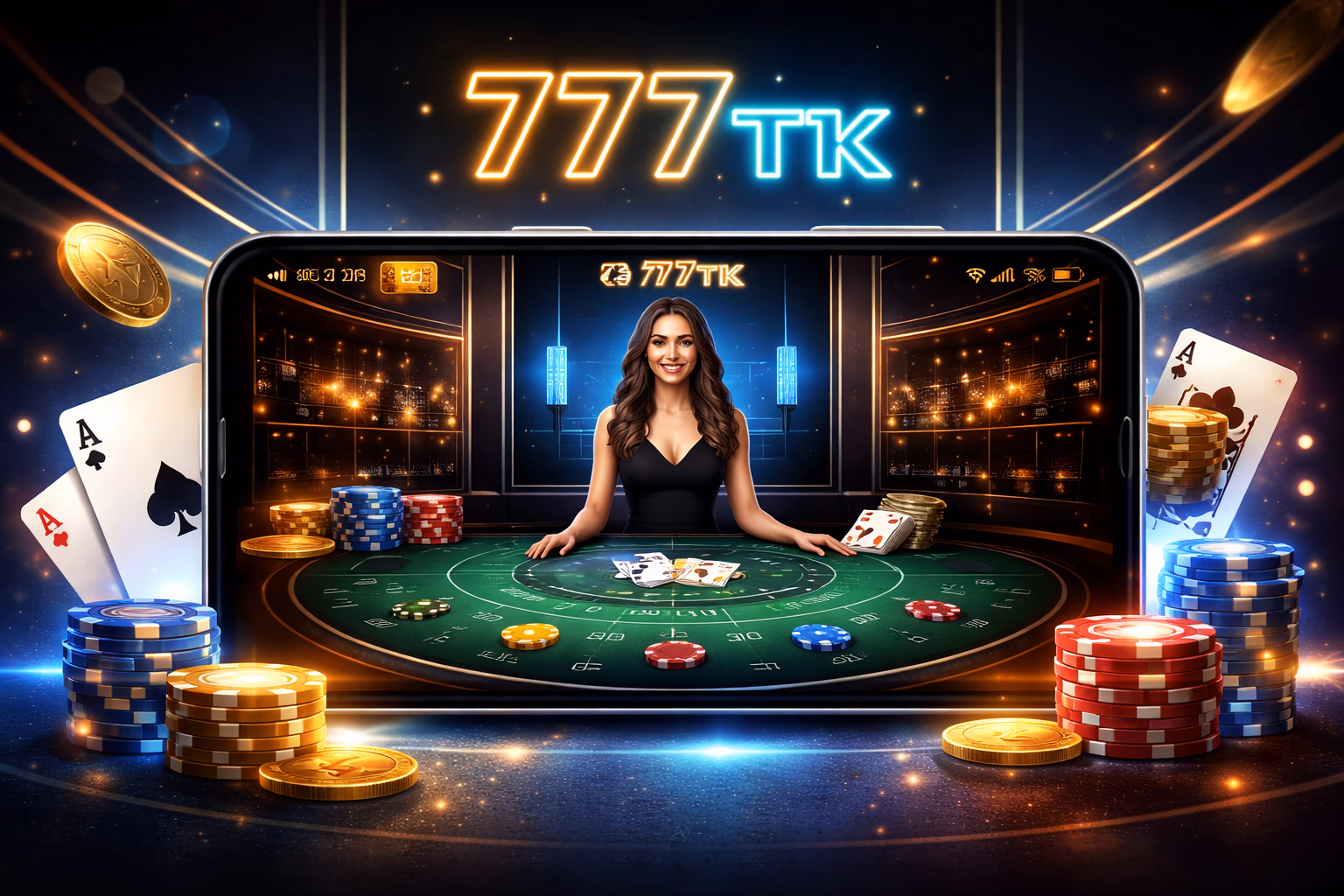 Cheerful Bangladeshi player using the 777TK casino app on a smartphone with golden coins and vivid card symbols floating in the background