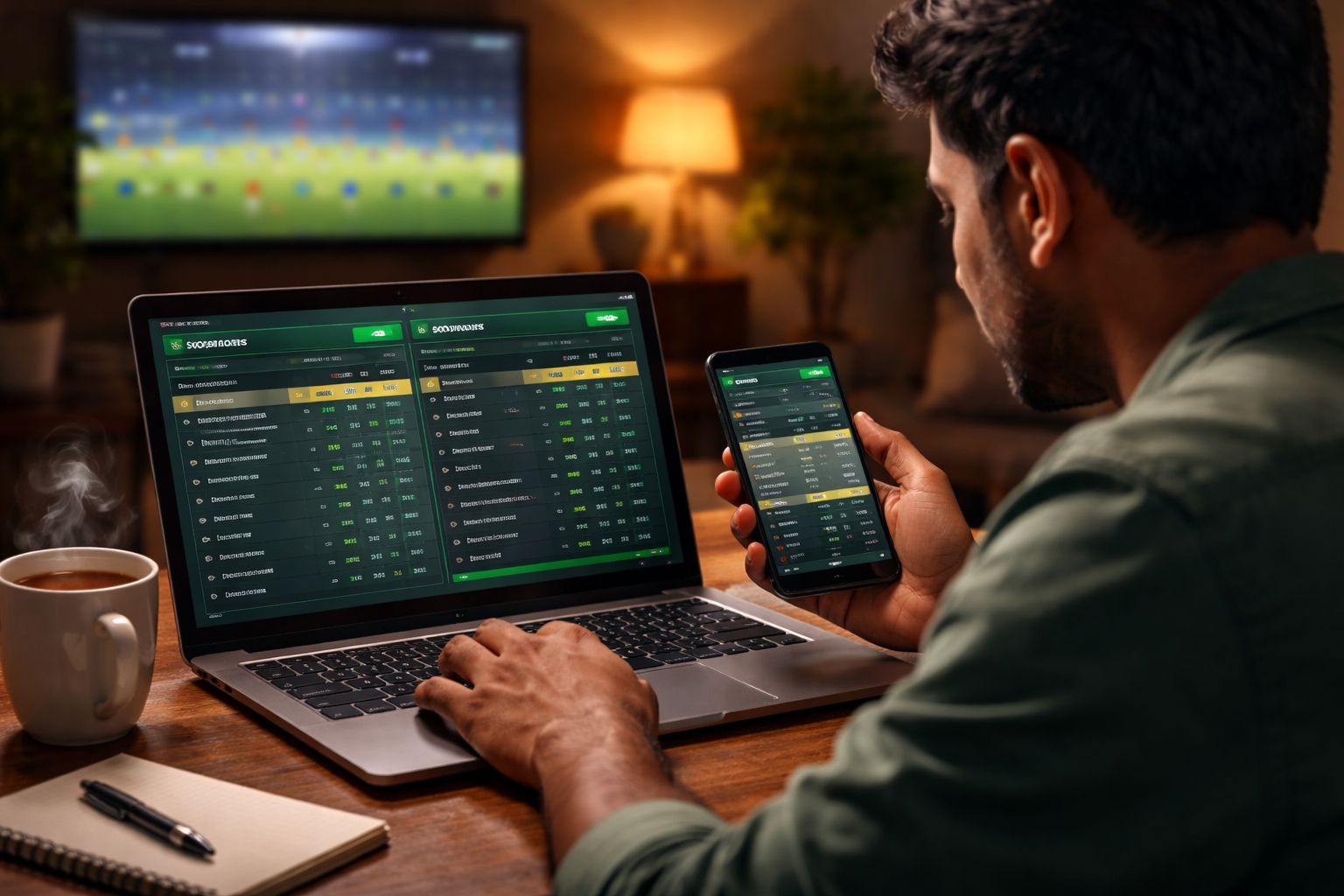 Focused Bangladeshi bettor comparing football and cricket markets on the 777TK sportsbook from a laptop and mobile side by side
