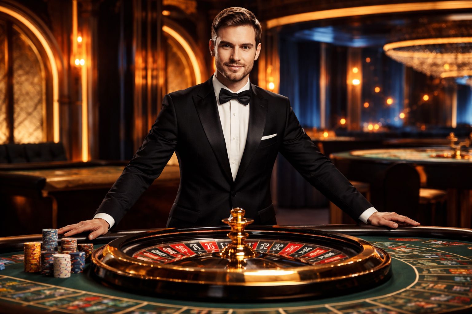 Elegant croupier confidently spinning a roulette wheel surrounded by luxurious decor and bright chandelier lighting representing the premium studio ambience at 777TK for Bangladesh audiences
