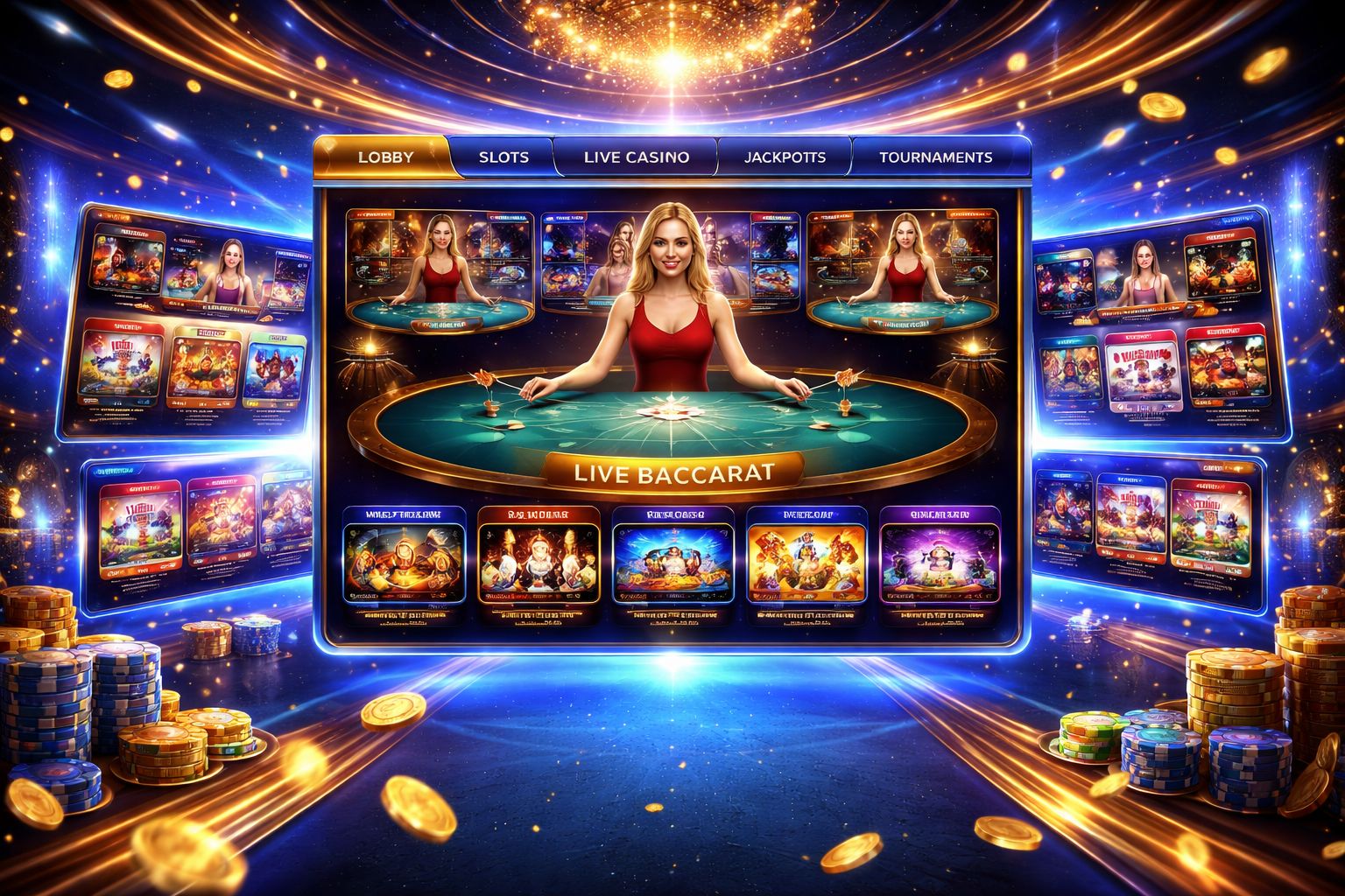 Confident casino host standing beside a spinning roulette wheel surrounded by floating chips representing the elite live gambling world of 777TK for Bangladesh players