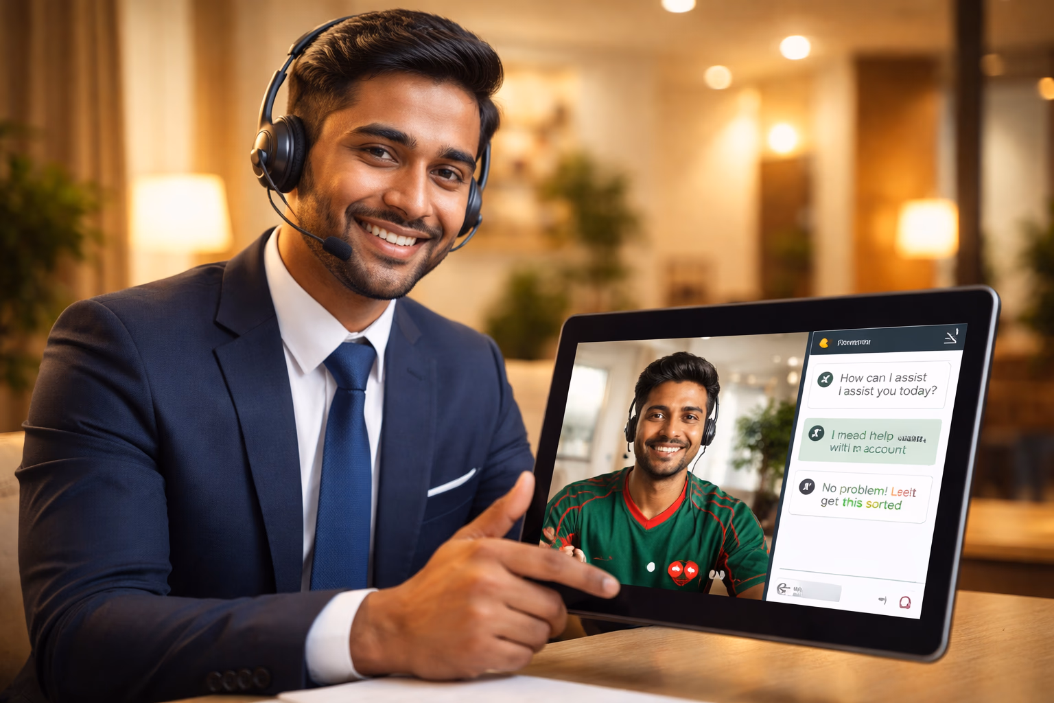 Elegant Bangladeshi concierge welcoming visitors to the 777TK sign-in portal with vibrant lights and floating chips