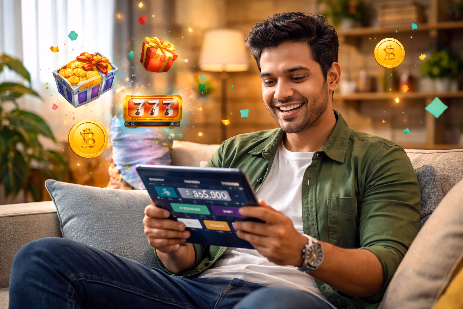 Stylish host warmly greeting Bangladeshi players entering the 777TK account portal beneath radiant chandeliers